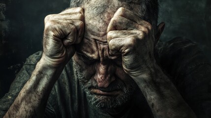 A man with a pained expression, holding his head in his hands, yet his clenched fists show his determination to keep fighting.