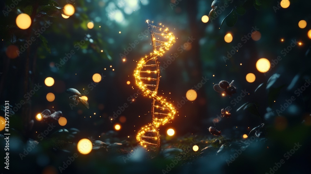 Aufkleber a glowing dna helix surrounded by floating orbs in a mystical forest setting, evoking themes of natu