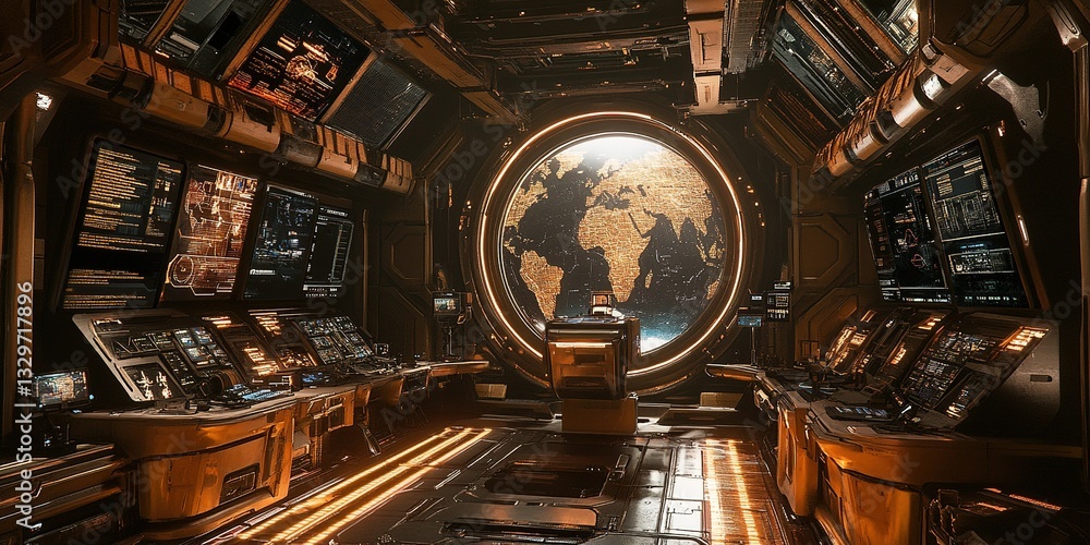 Poster futuristic space command center with glowing screens and detailed world map in a sci-fi setting