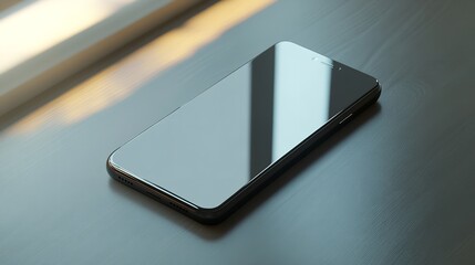 Blank mockup template of a sleek smartphone on a plain gray surface, surrounded by soft lighting and simple design.