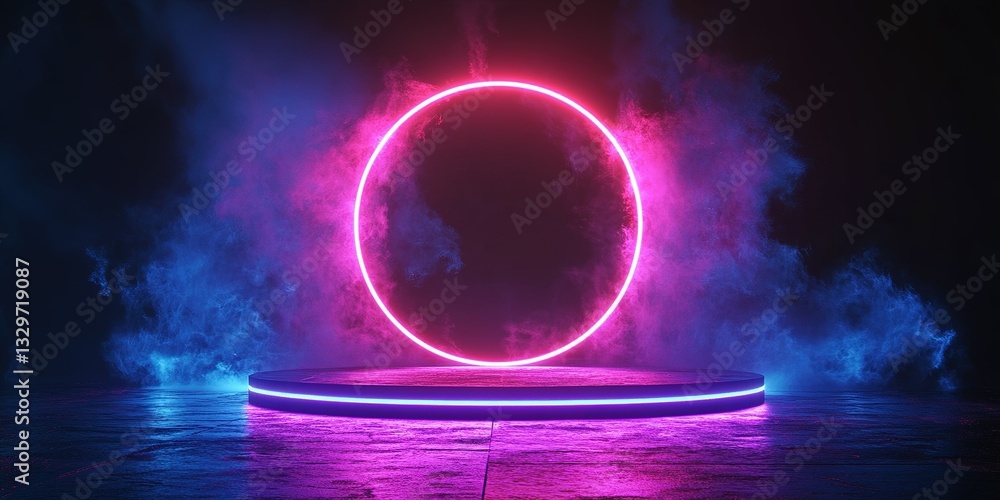 Poster vibrant neon circle with colorful fog creating a striking visual on a dark background