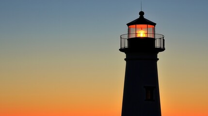Silhouette of a Lighthouse at Sunset Guiding Light