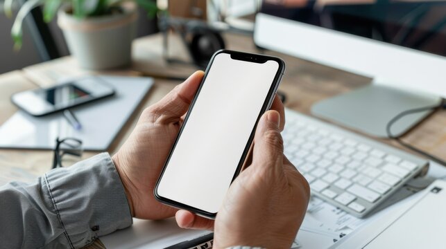 Person is holding a cell phone with a white screen