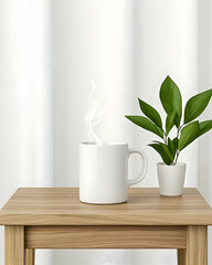 Simple wooden table with white mug of hot drink and plant