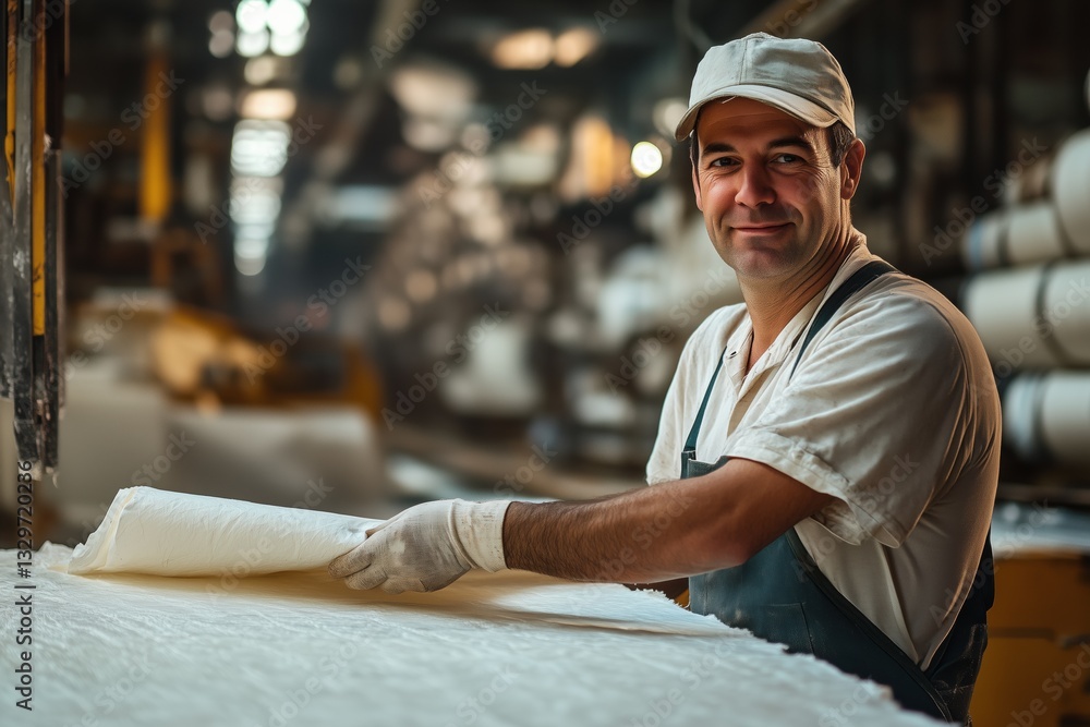 Poster pulp and paper production engineer. a smiling male worker in a factory setting, rolling out a large 