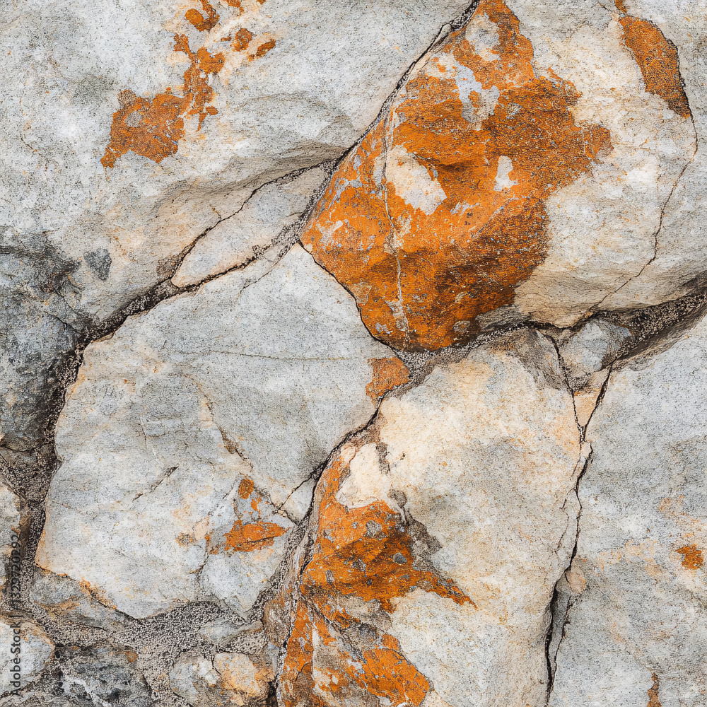 Aufkleber close-up of a rugged rock surface with deep cracks and rusty orange mineral deposits adding contrast
