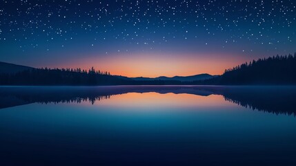 A tranquil lake reflects a vibrant twilight sky of deep blue, orange, and stars. Silhouetted trees and distant mountains frame the serene, mirrored scene under the cosmos.