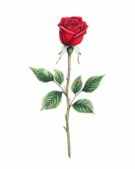 Naklejka premium Single red rose with leaves and stem