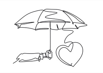 Continuous one line drawing of umbrella with heart. opened umbrella line art vector illustration. © mitay20