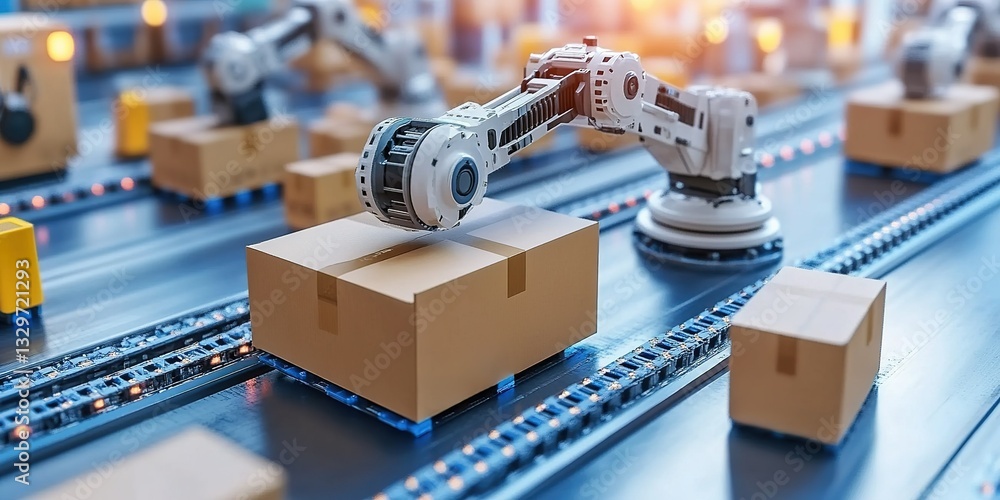 Poster automated robotic arm sorting packages along a conveyor belt in a logistics facility during daytime 