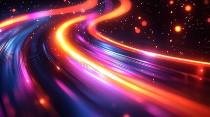 Obraz premium Abstract dynamic lines of light streaks in vibrant colors, swirling in a futuristic, energetic design. Detailed glowing, curved paths against a dark background speckled with tiny lights