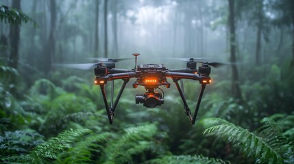 Naklejka premium Drone technology collecting carbon sequestration data over dense tropical forests with advanced sensors
