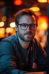 Obraz premium QA engineer. A young man with glasses and a beard, sitting at a table in a dimly lit environment with colorful bokeh lights in the background. He has a thoughtful expression.