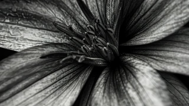 Close-up view of a black and white flower showcasing intricate petals and delicate details in nature's design near dusk