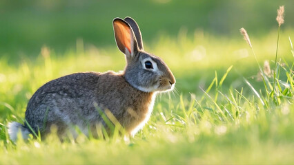 Fototapeta premium Grey-Brown Rabbit on Grass Field with Erect Ears, Wild Bunny in Natural Habitat, Outdoor Animal Portrait, Serene Meadow Scene, Cute Small Mammal, Peaceful Nature Setting