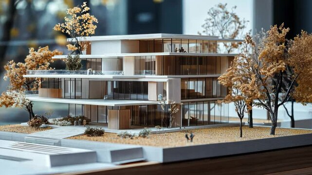 Modern Architectural Model of Luxury Multi-Level Building with Glass Facades and Landscaping