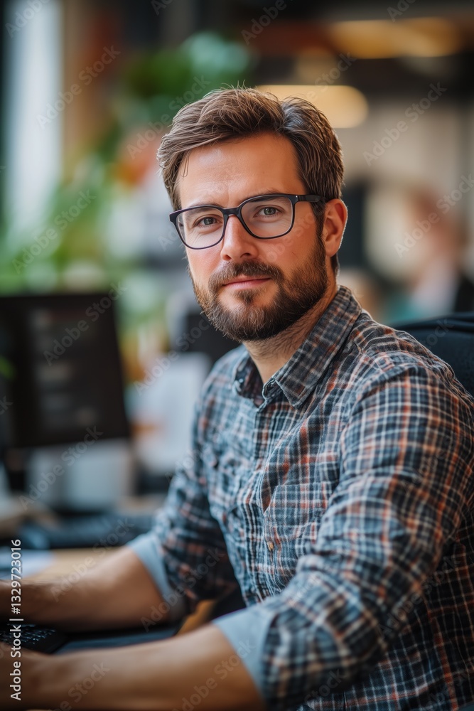 Aufkleber qa engineer. a young man with a beard and glasses sitting at a desk in an office environment. he is 