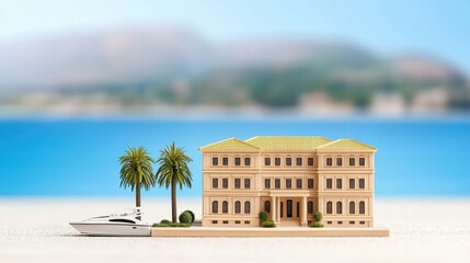 Obraz premium Luxury Beach House Miniature Model with Yacht