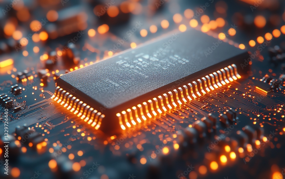 Poster close-up of illuminated microchip on circuit board