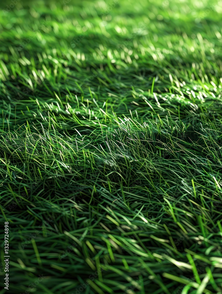 Poster the inviting artificial grass features curled fibers, providing a soft, plush surface illuminated by