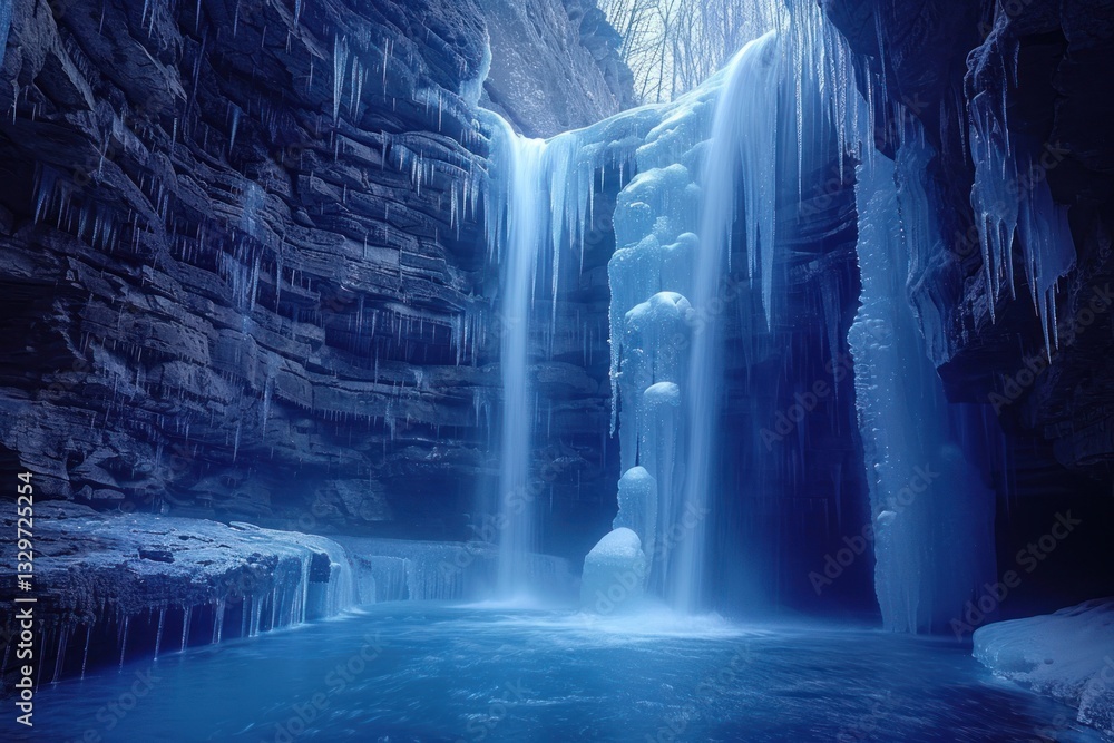Poster cascading frozen waterfalls create an elegant atmosphere in a shimmering ice cave under soft, diffus