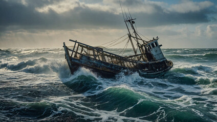 Obraz premium Old fishing boat drifting through rough waves with a tattered net.