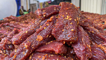 Spicy Marinated Beef Strips Prepared for Drying Process