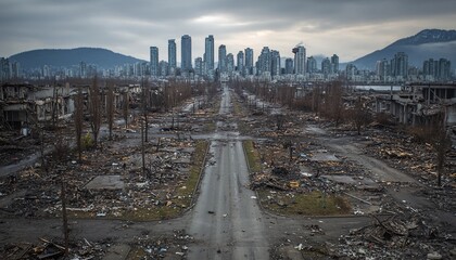 Obraz premium Devastated Vancouver skyline amidst ruins showcasing a hauntingly empty street, reflecting the aftermath of destruction and urban decay.