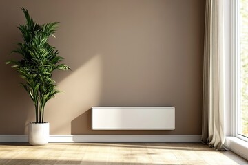 Modern Minimalist Interior Design Beige Wall, White Radiator, and Potted Plant