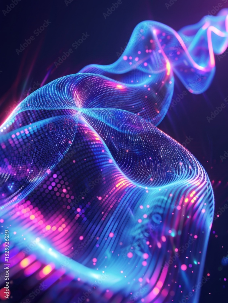 Poster glowing arcs intertwine in a digital landscape, showcasing vibrant colors and fluid waveforms in a m