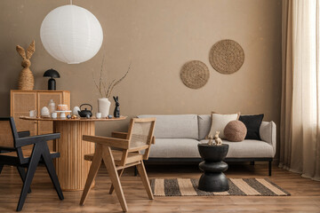 A beautifully arranged Easter-themed interior with a balanced mix of warm neutrals, rattan textures, and ceramic rabbits. A timeless blend of modern and rustic charm.