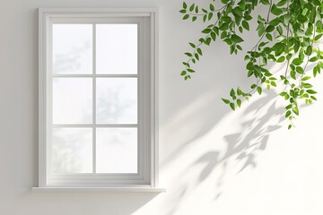 Obraz premium Minimalist White Window with Greenery and Sunlight Shadow Overlay