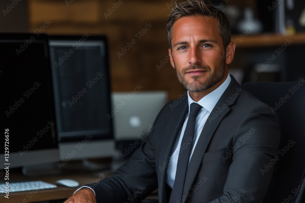 Aufkleber t&d manager (training and development manager). a confident businessman in a suit sitting at a desk 