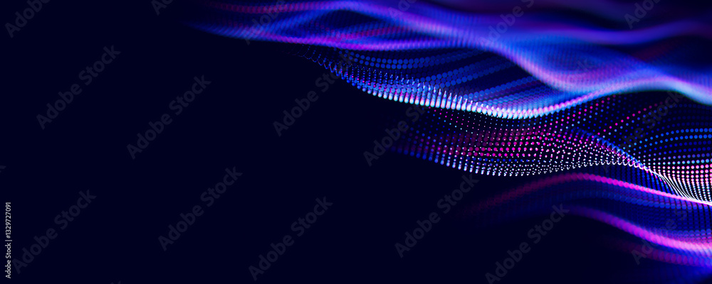 Poster Abstract wave of particles. Big data digital flow concept. LLM learning process, AI technology. Quantum computing. 3d render illustration with place for text