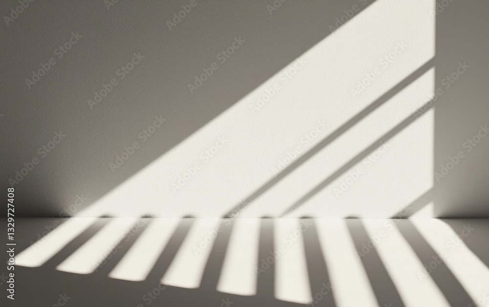 Poster bright sunlight streams through a window casting strong lines and shadows in a minimalist white room