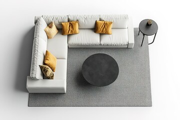 Modern L-Shaped Sofa with Coffee Tables & Rug Top View Interior Design