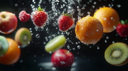 Surrealing floating fruits, including apples, oranges, grapes, blueberries, etc., are suspended against a black background, accompanied by dramatic light and shadow, splashing water, and ice shards.