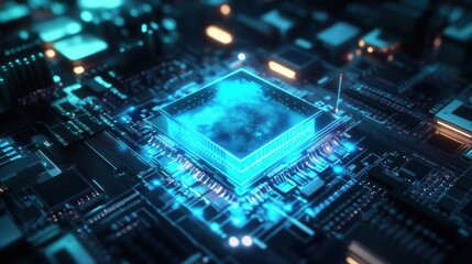 Quantum processor glowing with neon blue qubits.