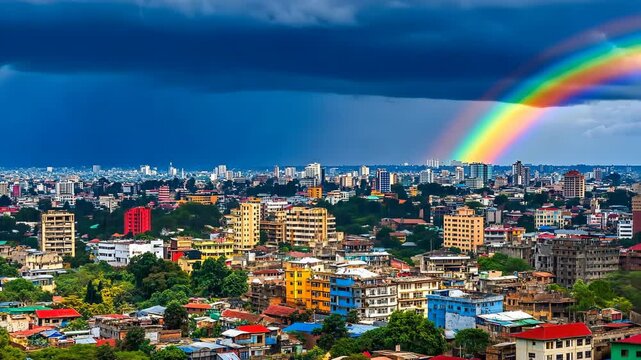 Colorful rainbow arches over urban skyline after a rainstorm in the city of Dar es Salaam