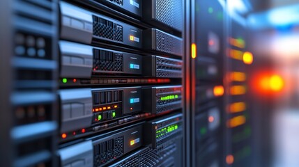 Obraz premium computer security concept, Servers in a data center with illuminated indicators and cables.