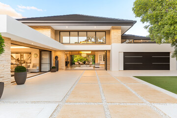 Modern luxury residence with spacious driveway and open living area in daylight