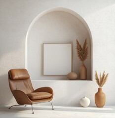 Arched niche, leather chair, mockup, pampas, sunlight, interior, design, room