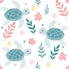 Seamless pattern of sea turtle and flowers in a cute vintage style.