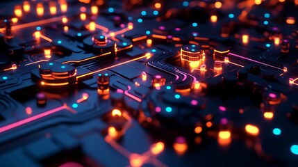 Circuit board with glowing lights, technology concept