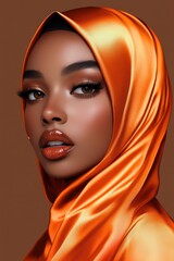 Portrait of a beautiful woman wearing an orange hijab and glamorous makeup on a brown background, looking directly at the camera
