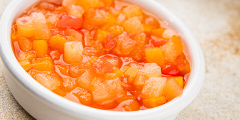 Fruits in syrup organic fruit and berries sweet dessert tasty fresh delicious gourmet food background on the table rustic food top view copy space