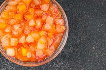 Fruits in syrup organic fruit and berries sweet dessert tasty fresh delicious gourmet food background on the table rustic food top view copy space