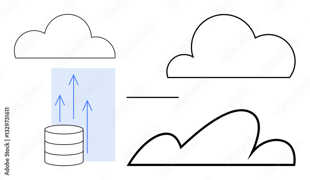 Poster stack of data storage transmitting arrows to cloud outlines. ideal for cloud computing, data transfe
