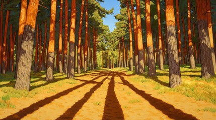 Sunlit Path Through a Reddish Brown Pine Forest