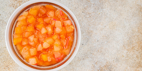 Fruits in syrup organic fruit and berries sweet dessert tasty fresh delicious gourmet food background on the table rustic food top view copy space